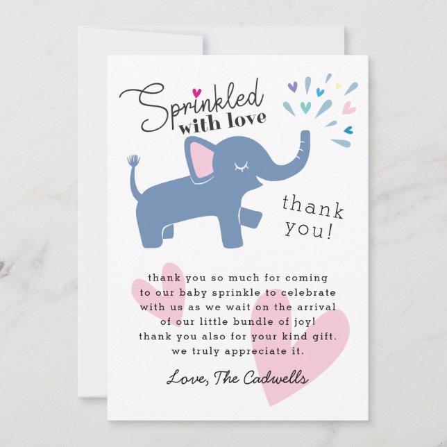 Sprinkled With Love Cute Elephant Baby Sprinkle Thank You Card (Front)