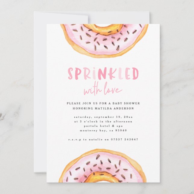 Sprinkled with love doughnut baby shower announcement (Front)