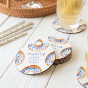 Sprinkled with love pink doughnut baby shower round paper coaster