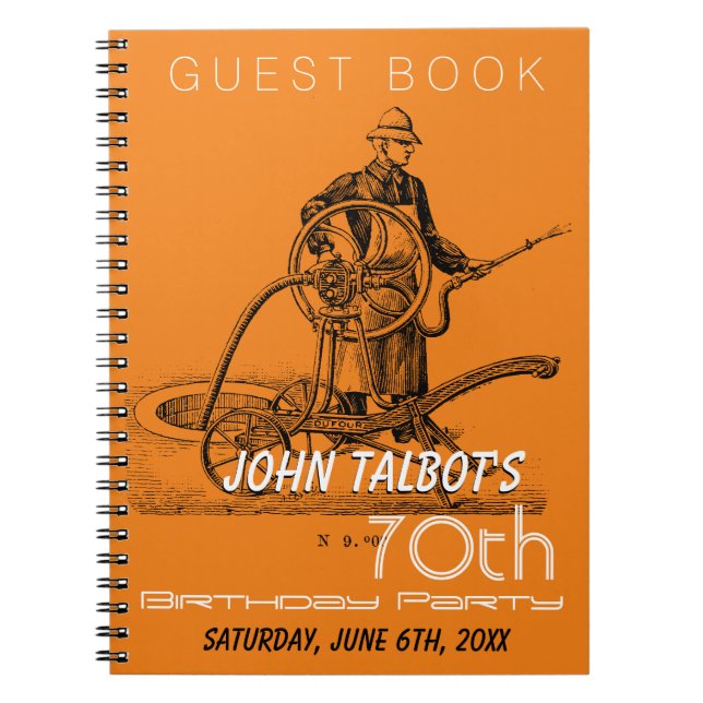 Sprinkler Fireman 70th Birthday Party Guest Book (Front)