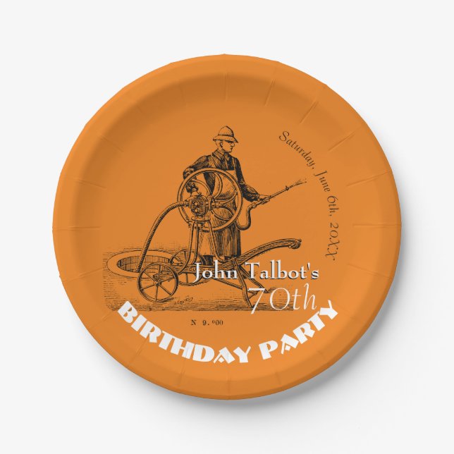Sprinkler Fireman 70th Birthday Party Paper Plate (Front)