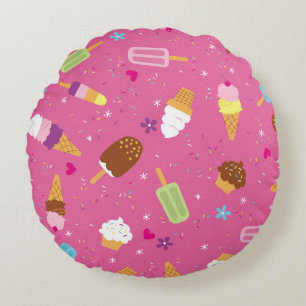 Sprinkles, cupcakes, ice cream, and popsicles scat round cushion