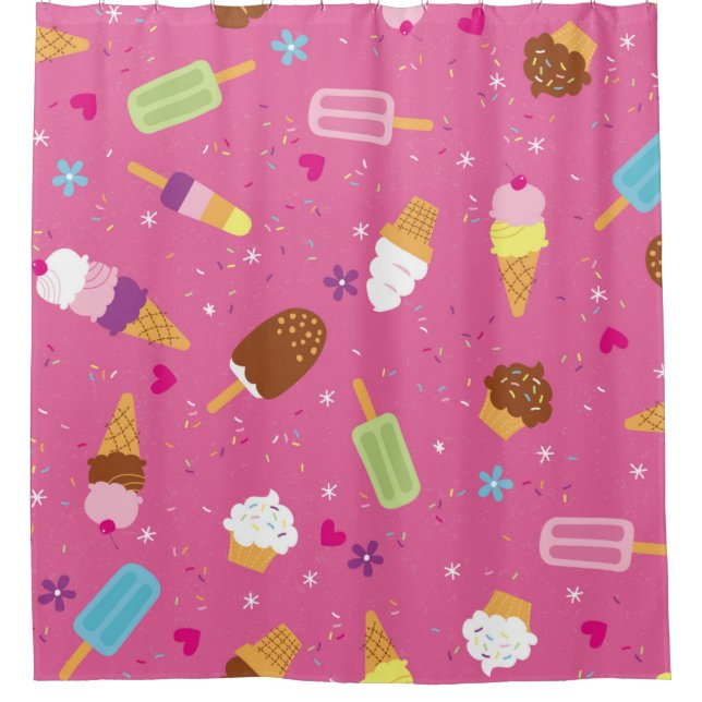 Sprinkles, cupcakes, ice cream, and popsicles scat shower curtain (Front)