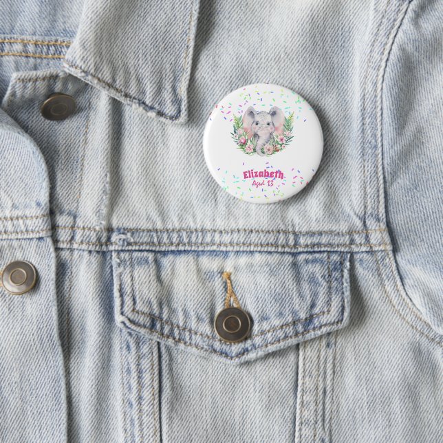 Sprinkles Elephant Boho Floral Girls NAMED Gift 6 Cm Round Badge (In Situ)