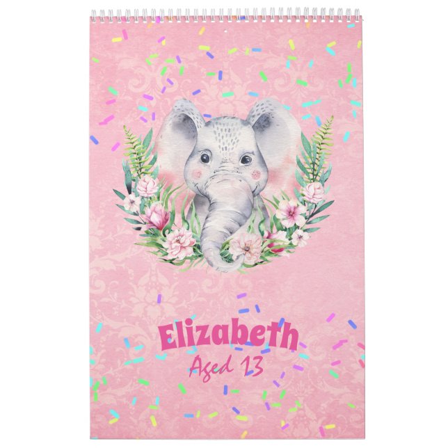 Sprinkles Elephant Boho Floral Girls NAMED Gift Calendar (Cover)