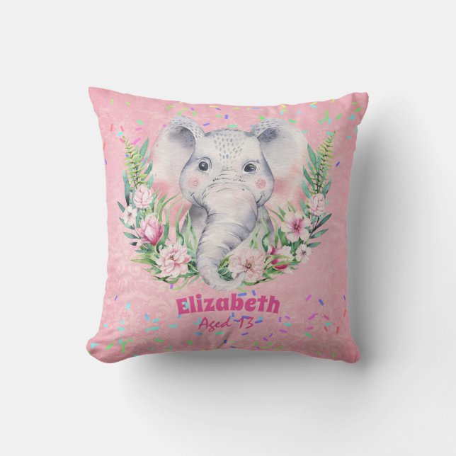 Sprinkles Elephant Boho Floral Girls NAMED Gift Cushion (Front)