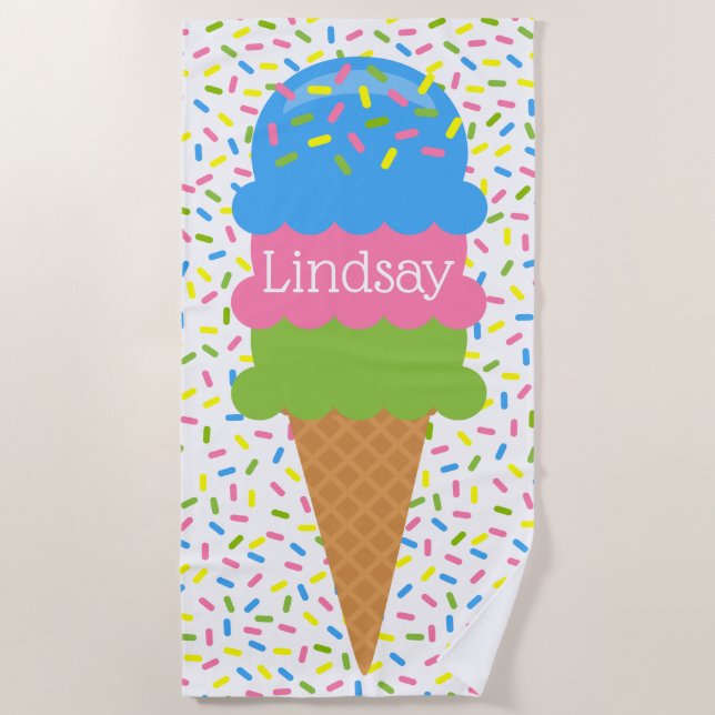 Sprinkles Ice Cream Cone Personalised Beach Towel (Front)