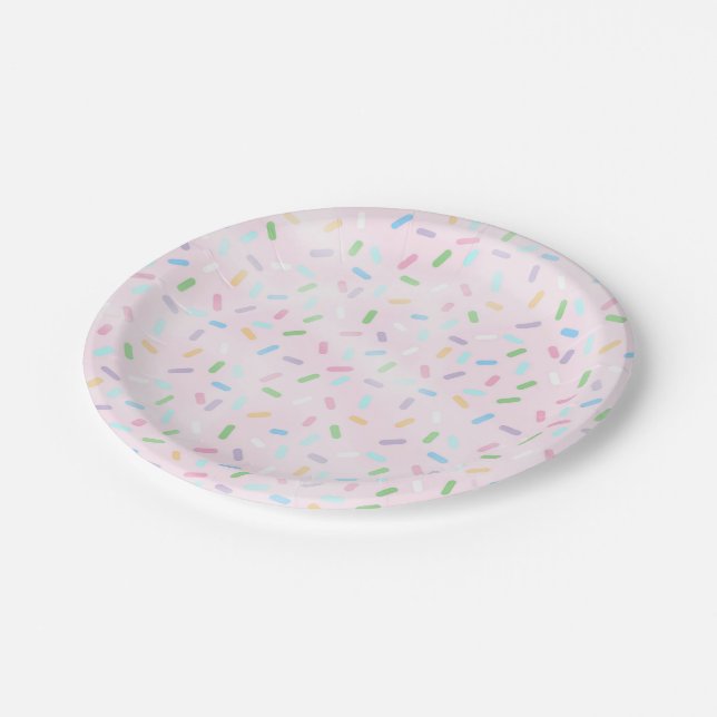 Sprinkles on pink plate, birthday party paper plate (Angled)