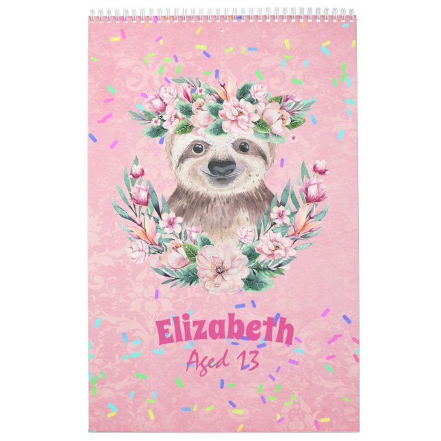Sprinkles SLOTH Boho Girls Pink Flowers Gifts Cute Calendar (Cover)