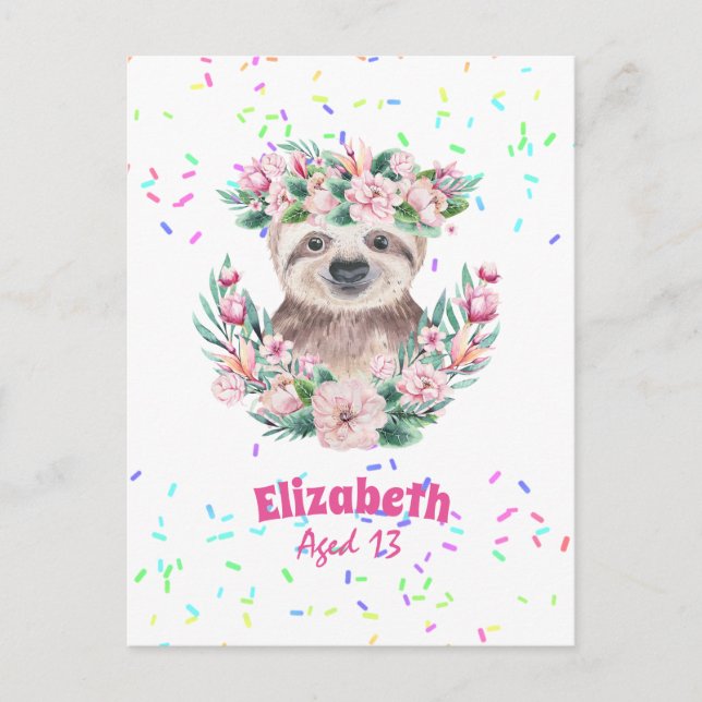 Sprinkles SLOTH Boho Girls Pink Flowers Gifts Cute Postcard (Front)