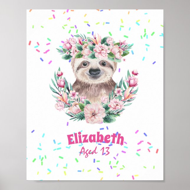 Sprinkles SLOTH Boho Girls Pink Flowers Gifts Cute Poster (Front)
