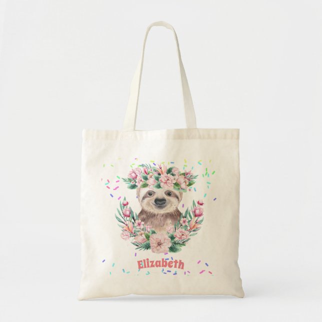 Sprinkles SLOTH Boho Girls Pink Flowers Gifts Cute Tote Bag (Front)