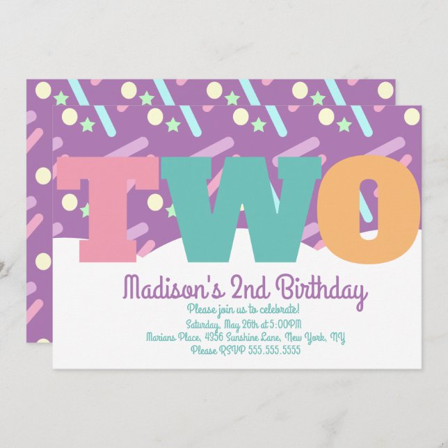 Sprinkles Turning Two Birthday Pastel Confetti Invitation (Front/Back)