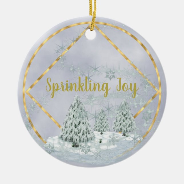 Sprinkling Joy Christmas Winter Scene Ceramic Tree Decoration (Front)