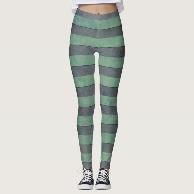 Spriped Medium Green and Dark Grey Leggings (Front)