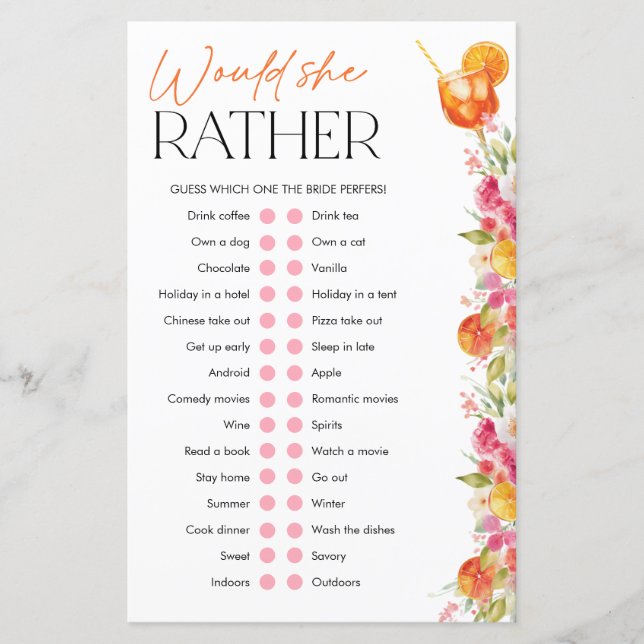 Spritz Bridal Shower Games Would She Rather (Front)