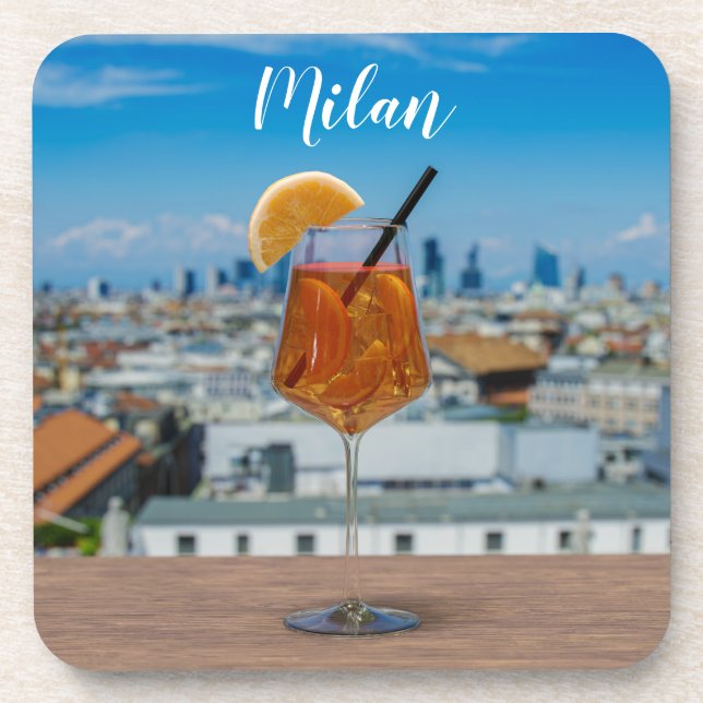 Spritz cocktail on a table with view of Milan Coaster (Front)