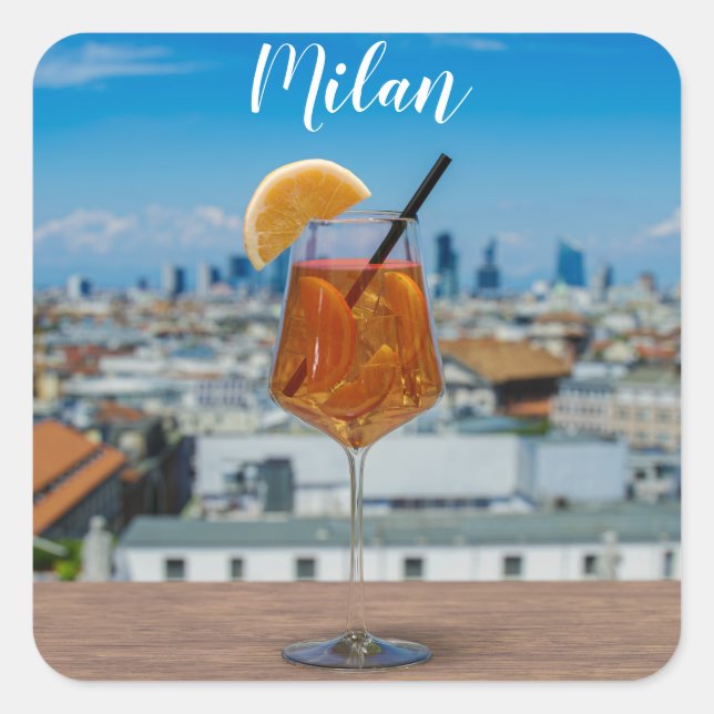 Spritz cocktail on a table with view of Milan Square Sticker (Front)