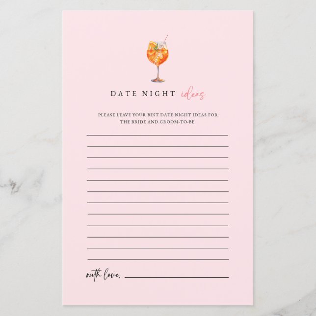 Spritz Date Night Ideas Bridal Shower Game (Front)