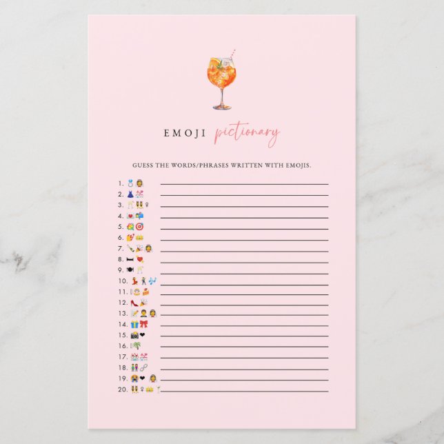 Spritz Emoji Pictionary Bridal Shower Game Card (Front)