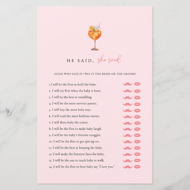 Spritz He Said She Said Bridal Shower Game Card (Front)