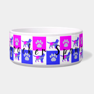 Sprocker Spaniel Dog & Paw Hot Pink &Blue Pet Bowl
