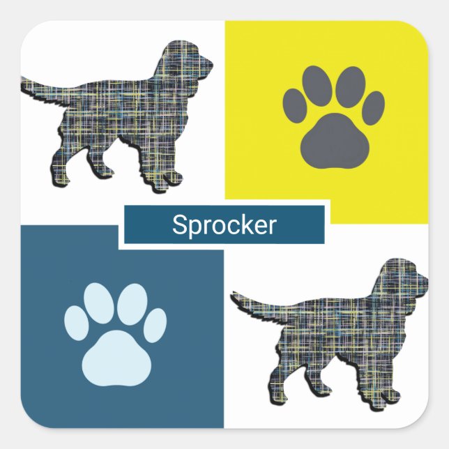 Sprocker Spaniel Dog Silhouette & Paw Y&B Grid Square Sticker (Front)