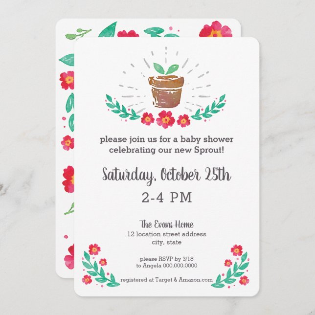 Sprout Plant Baby Shower Garden Pot Watercolor Invitation (Front/Back)