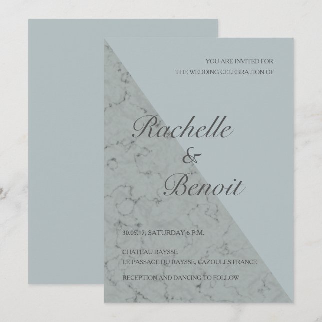 Spruce blue grey marble elegant modern wedding invitation (Front/Back)