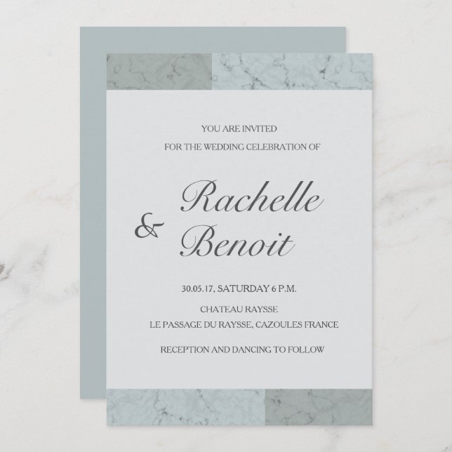 Spruce blue grey marble elegant modern wedding invitation (Front/Back)