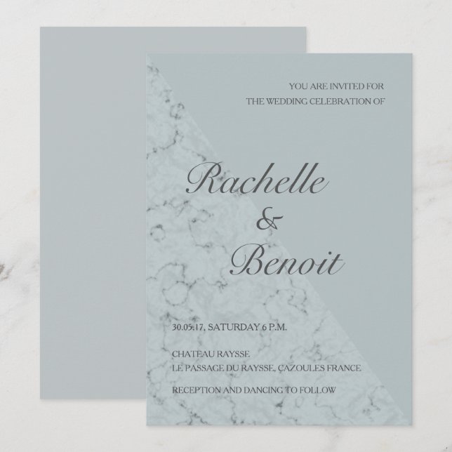 Spruce blue grey marble elegant modern wedding invitation (Front/Back)