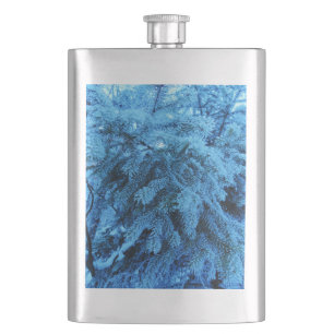 Spruce branches covered with snow & frost crystals hip flask