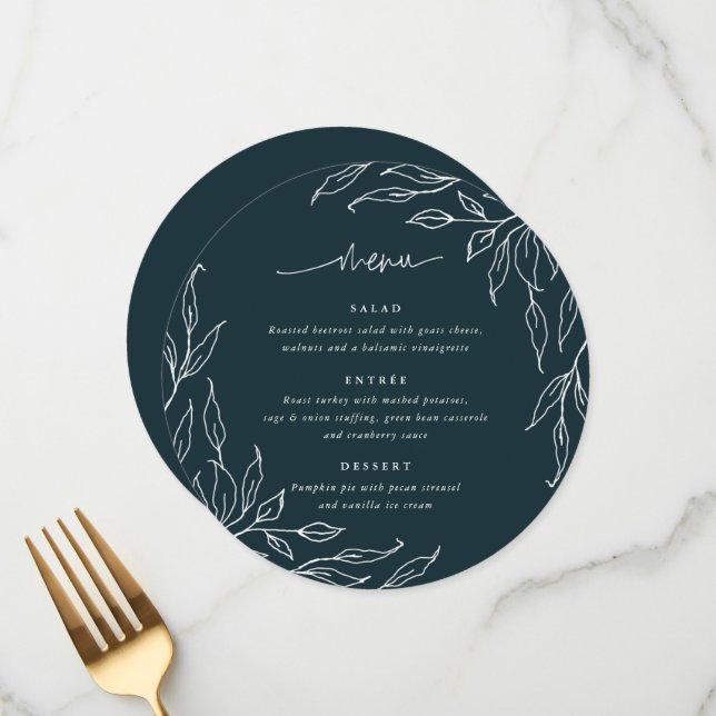 Spruce Green Leaf Motif Thanksgiving Dinner Round Menu (Front/Back In Situ)