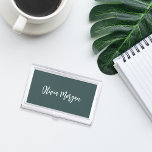 Spruce Green Sketched Cursive Script Business Card Holder<br><div class="desc">Elegant business card case features your name,  title,  or choice of personalisation in white hand scripted cursive lettering on a dark forest green background.</div>