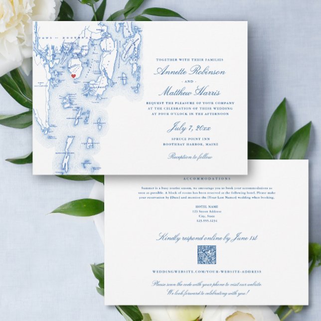 Spruce Point Inn all-in-one QR code RSVP Wedding Invitation (Spruce Point Maine Elegant QR Code RSVP all-in-one wedding invitation with elegant navy blue map)