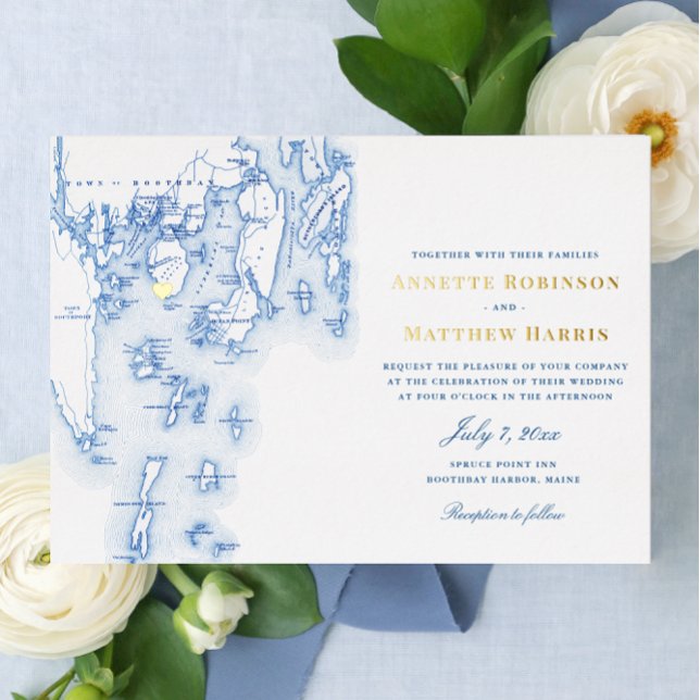Spruce Point Inn Maine Wedding Navy and Gold  (Elegant Navy Blue Spruce Point Inn Boothbay Harbor Maine Wedding Invitations with real Gold Foil )