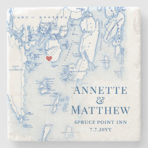 Spruce Point Inn Wedding Favour Boothbay Maine Map Stone Coaster