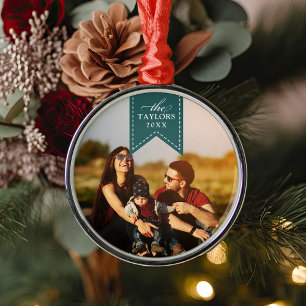 Spruce Ribbon   Personalised Name & Year Photo Metal Tree Decoration