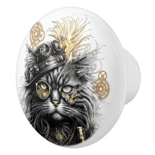 Spunky Paws The Funky Steampunk Cat  Ceramic Knob