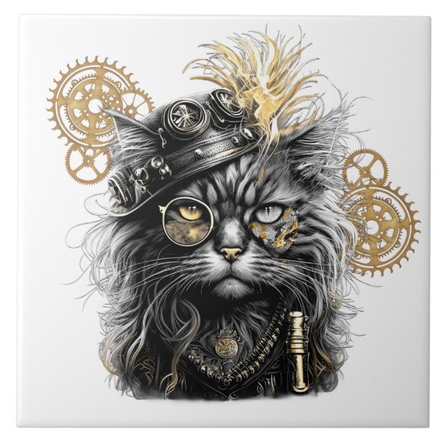 Spunky Paws The Funky Steampunk Cat  Tile (Front)