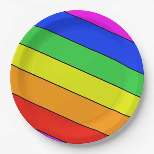 Spunky Rainbow stripes in primary colours Paper Plate (Front)