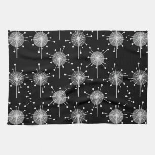 Sputnik Starburst Flowers Black Grey Tea Towel