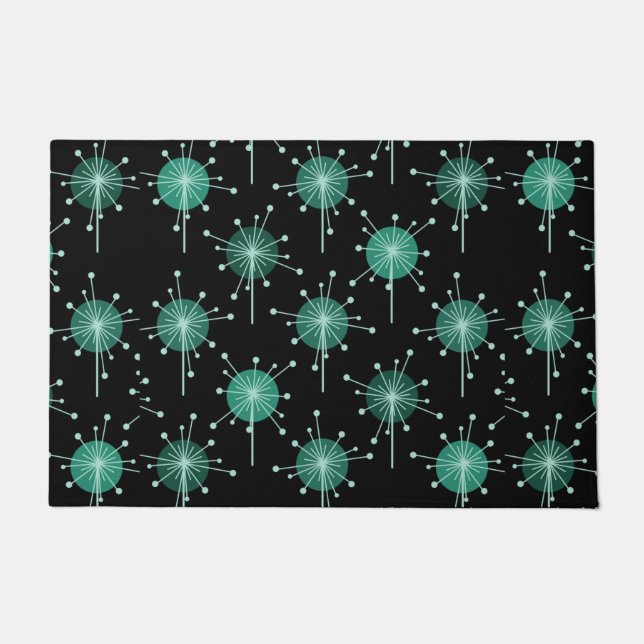 Sputnik Starburst Flowers Black Teal Doormat (Front)