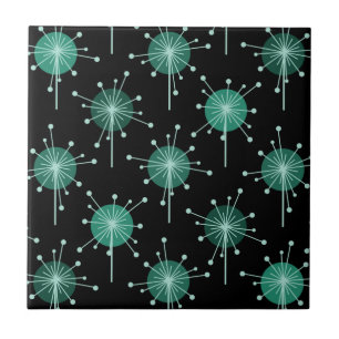 Sputnik Starburst Flowers Black Teal Tile
