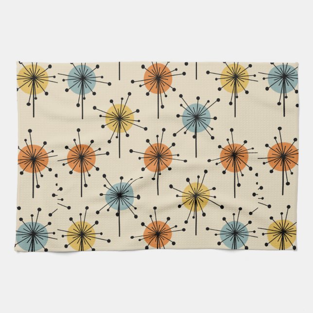 Sputnik Starburst Flowers Retro Tea Towel (Horizontal)