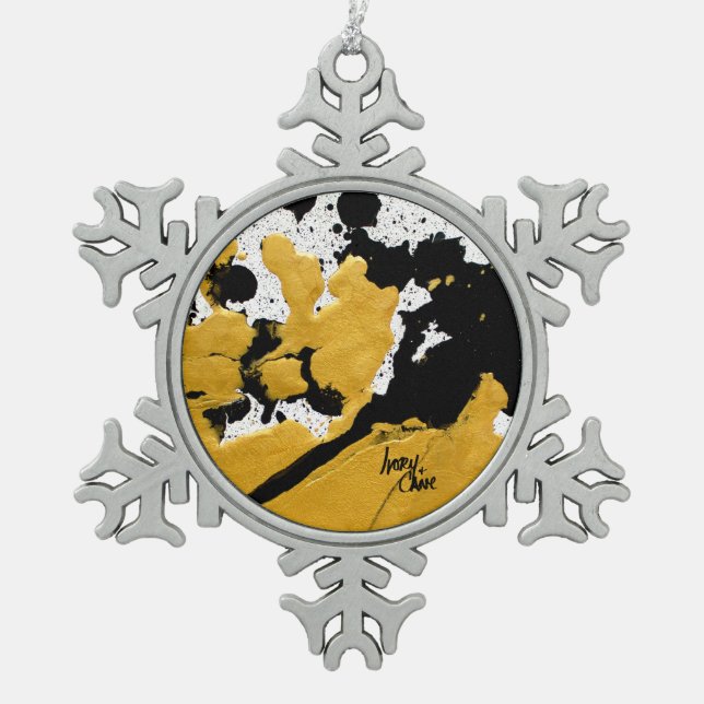 SPWW Ignited Soul Black & Gold Abstract Snowflake Pewter Christmas Ornament (Front)