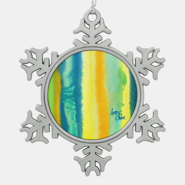SPWW Tangoed Tiers Teal Green and Orange Snowflake Pewter Christmas Ornament (Front)