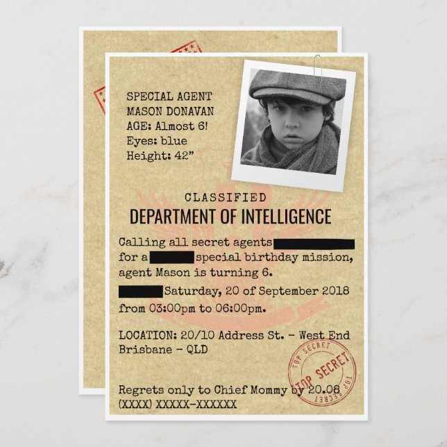 Spy Birthday Party Invitation (Front/Back)