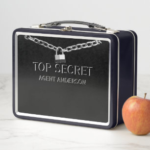 SPY or AGENT Personalised Top Secret Kids Black Metal Lunch Box