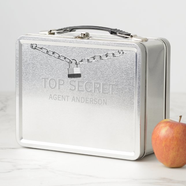 SPY or AGENT Personalised Top Secret Kids Metal Metal Lunch Box (In Situ)